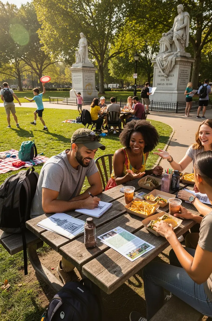 Историческое здание в центре города с туристами, изучающими таблички и информационные панели.