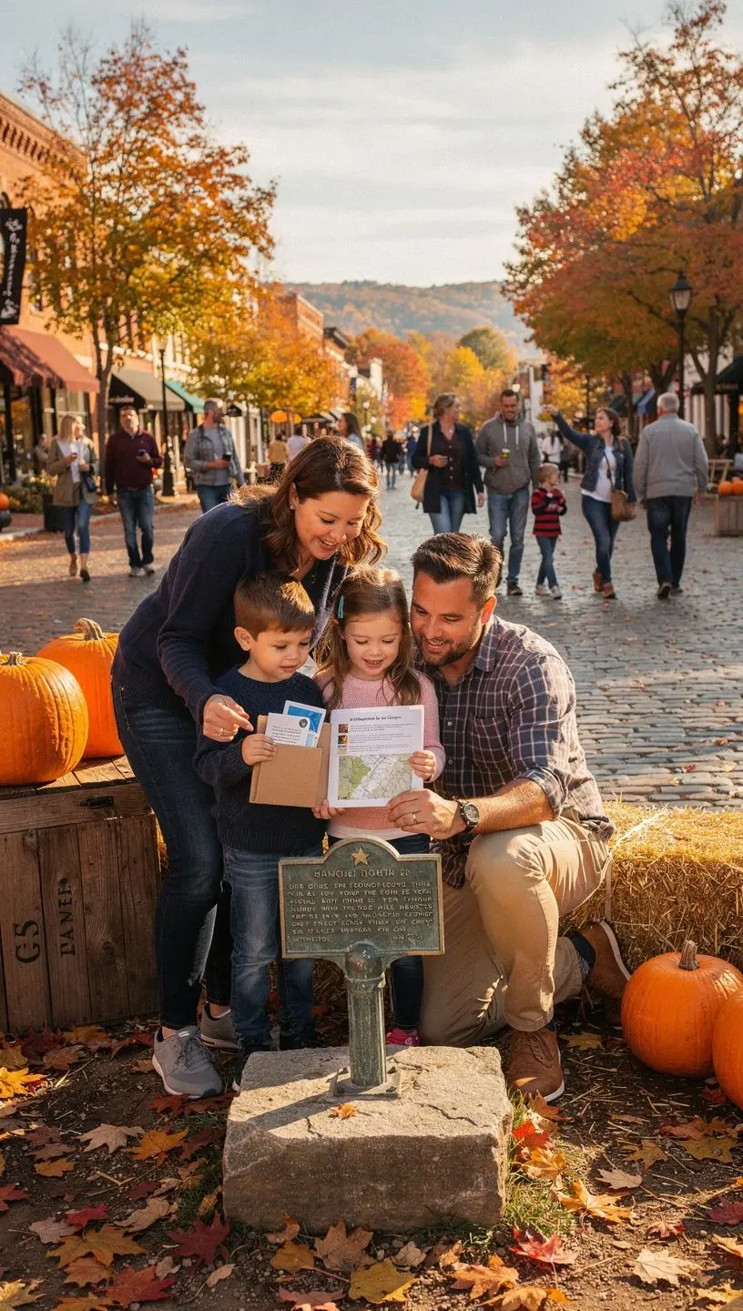 Группа туристов на игровой пешеходной экскурсии по историческому городу США с картами и подсказками.