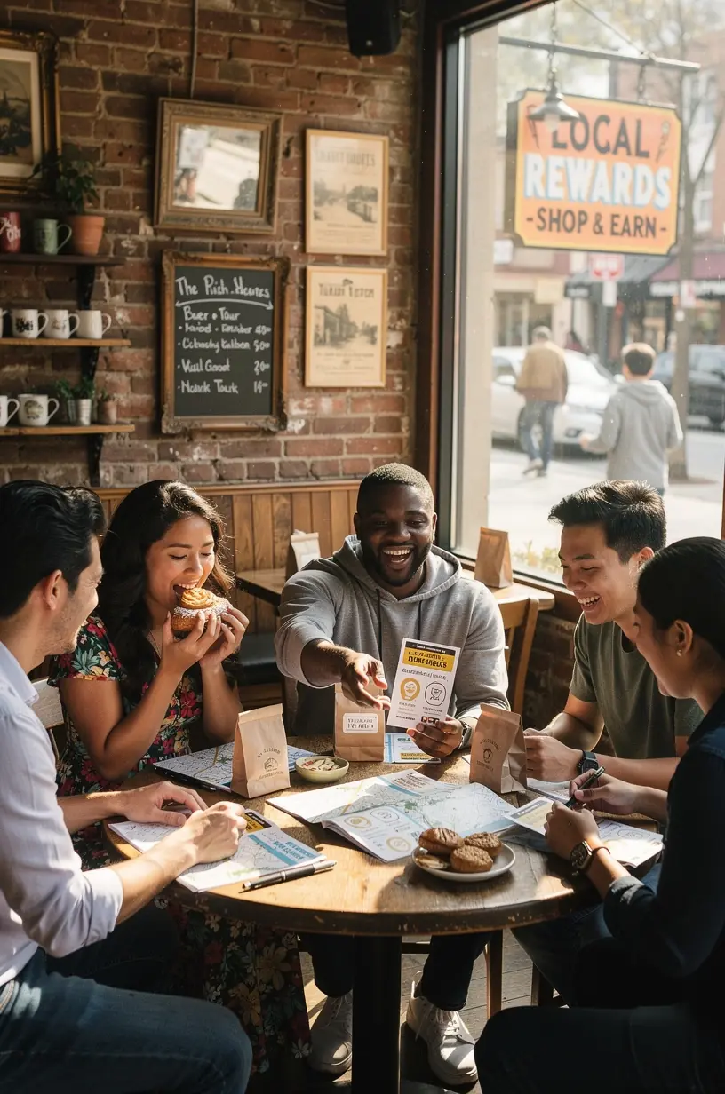 Участник экскурсии взаимодействует с местной достопримечательностью, используя подсказки из игровой коробки.